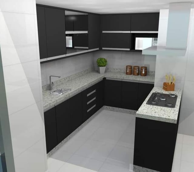 Projeto em 3D de uma cozinha planejada em preto com bancada de granito, feito pela PN Ambientes Planejados